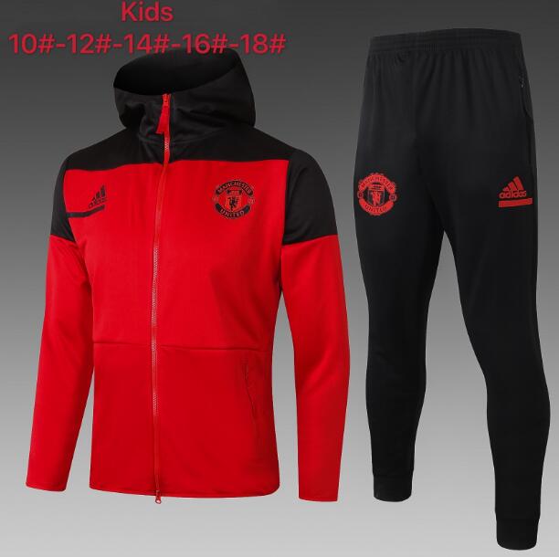 Kids Manchester United Red Black Training Kits Youth Hoodie Jacket with Pants 2020/21